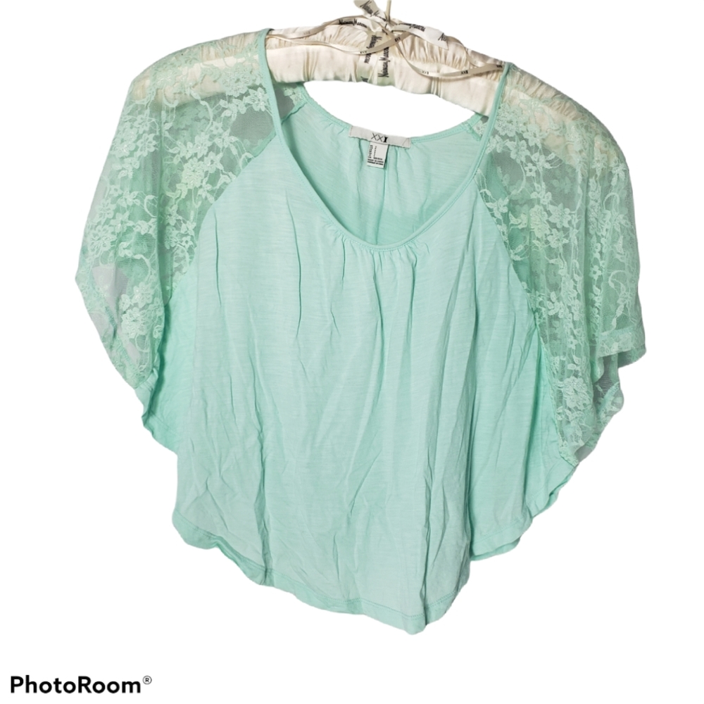Mint Green XXI Flowy Blouse with Lace Raglan Sleeves